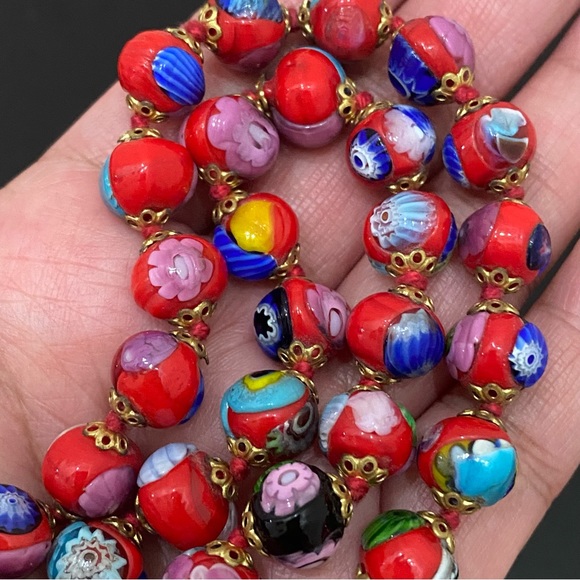 Vintage Red Multi Millefiori Venetian Murano Glass Beads Knotted 16” Necklace - Picture 6 of 16